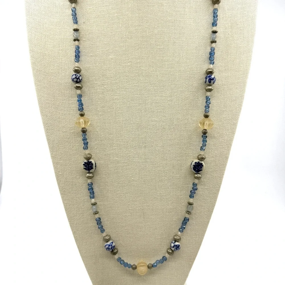 Blue White Porcelain Floral Bead Necklace Carved Acrylic Boho Statement Gift